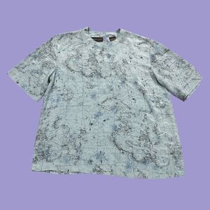 August Silk T Shirt Womens S Blue Allover Map Print Single Stitch Short Sleeve